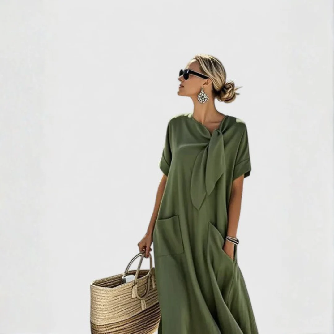 Elisa | Damen Lockeres Taschen Bindekragen Midi Kleid - Image 4