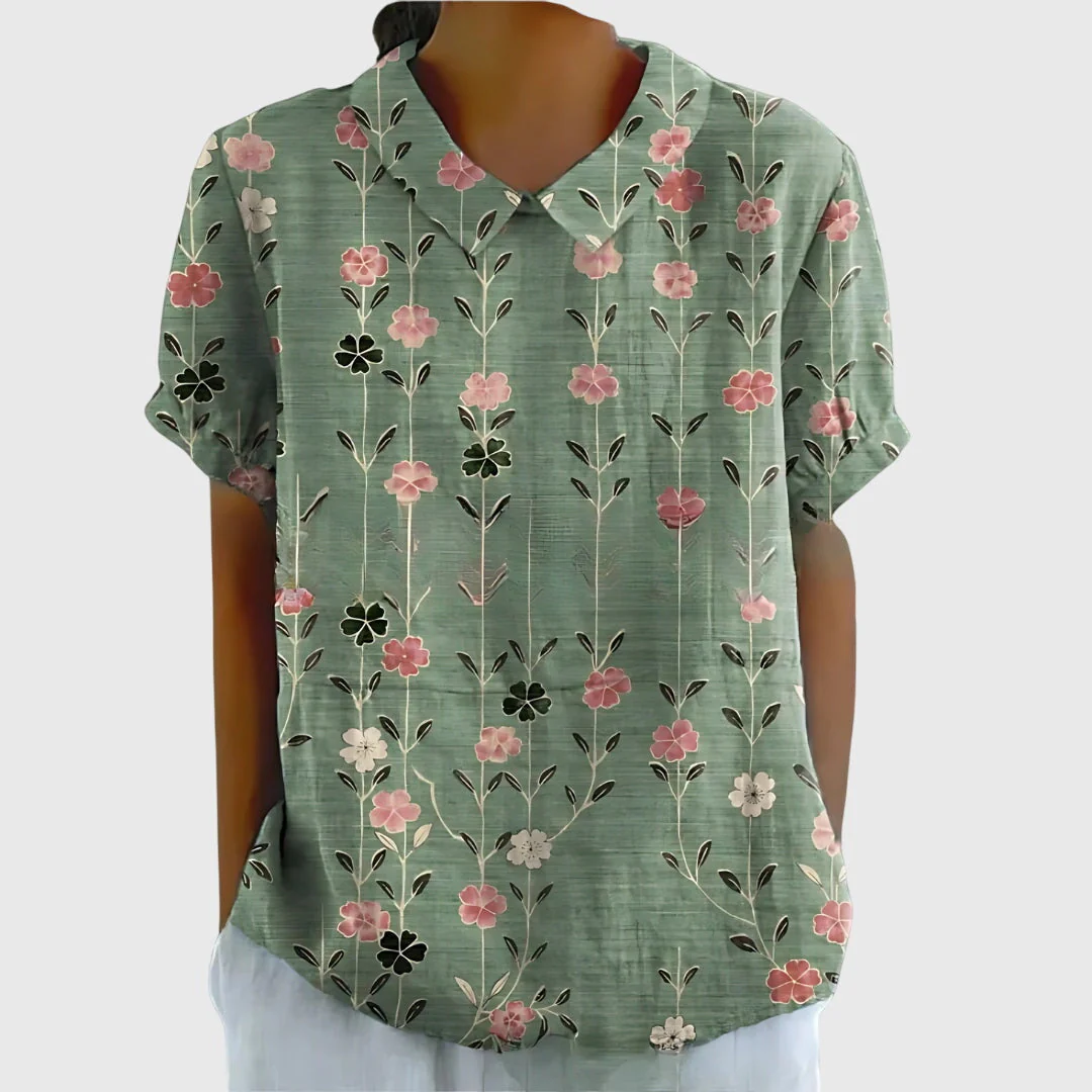 Elke | Damen Blumen Kragen Kurzarm Bluse - Image 13