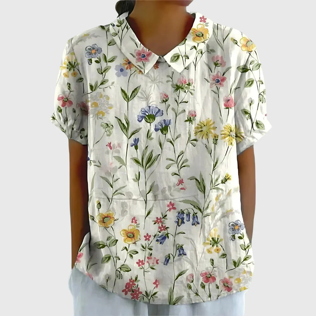 Elke | Damen Blumen Kragen Kurzarm Bluse - Image 4