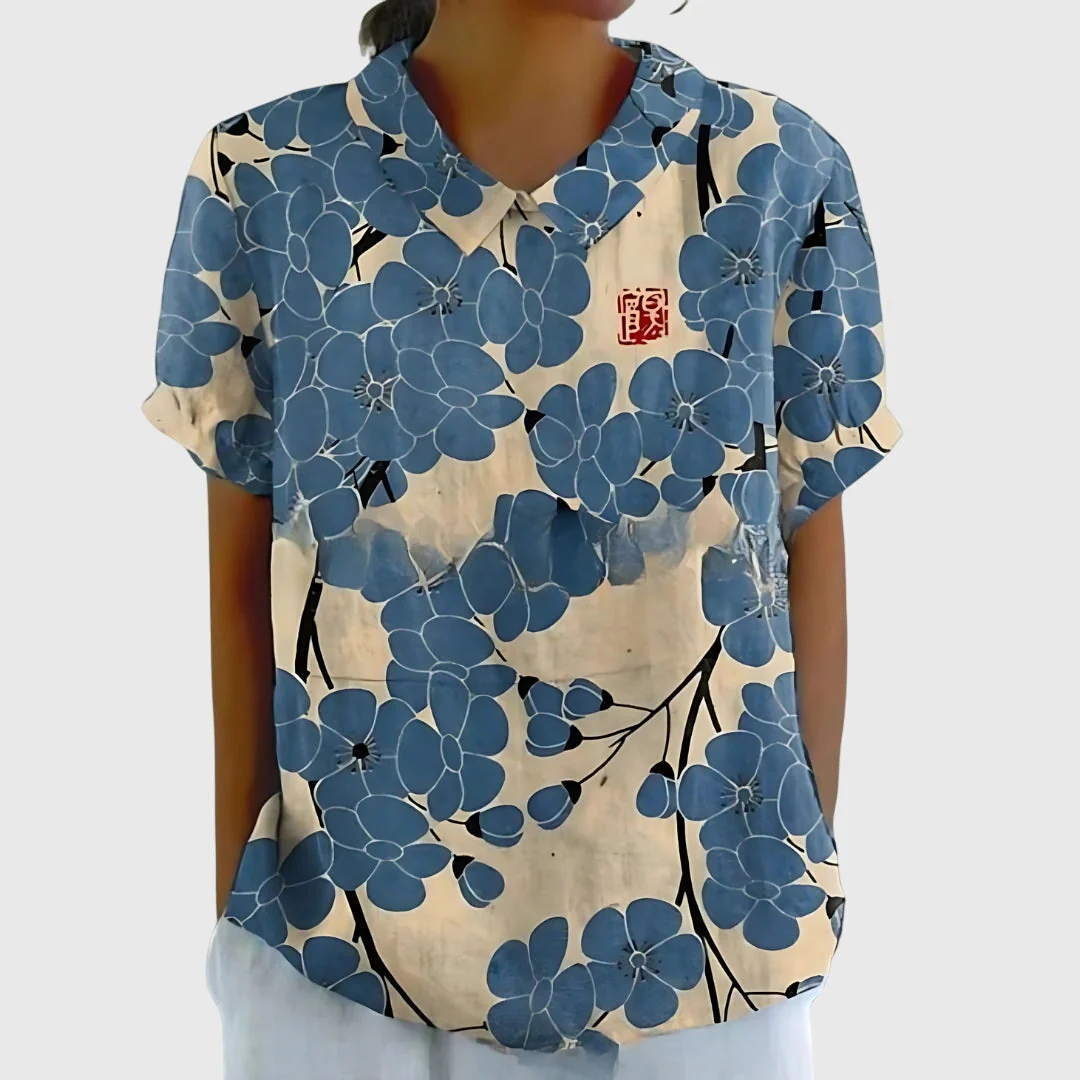 Elke | Damen Blumen Kragen Kurzarm Bluse - Image 9