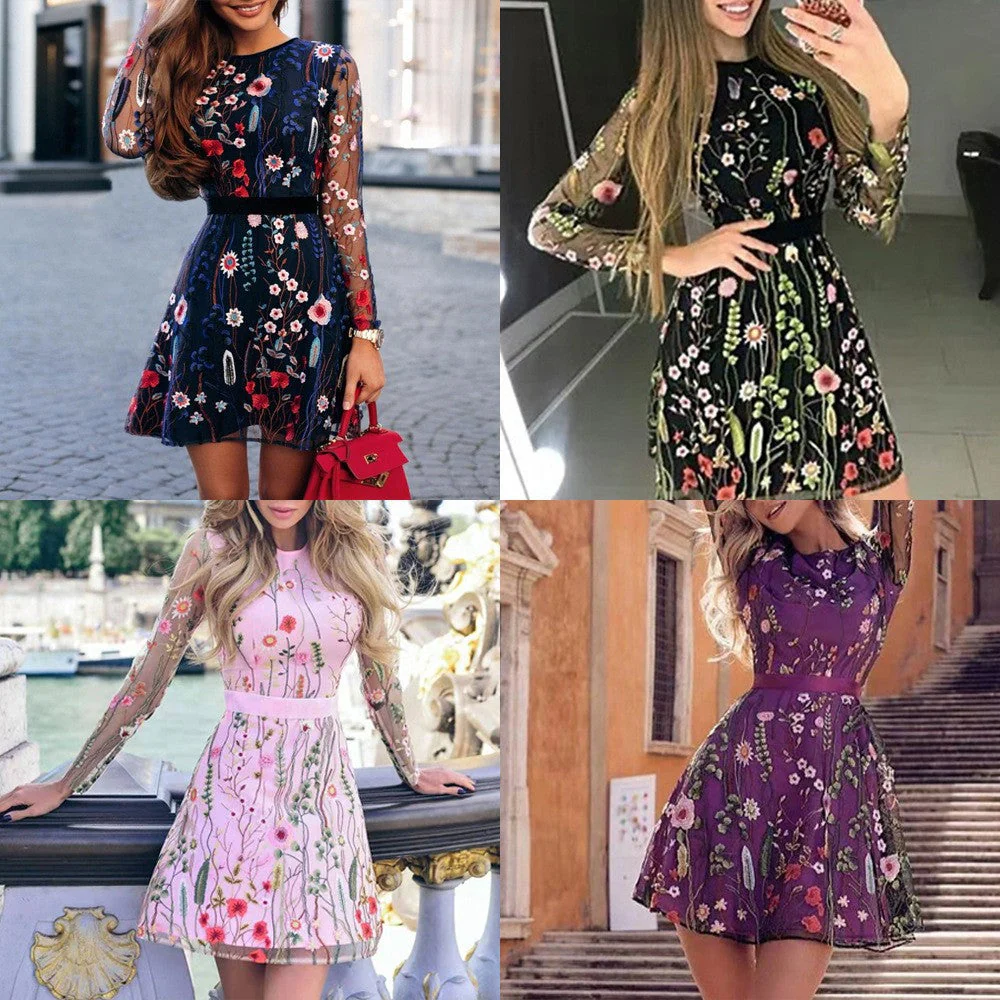 Ellen- Damen Elegantes Cocktailkleid mit floralen Stickereien
