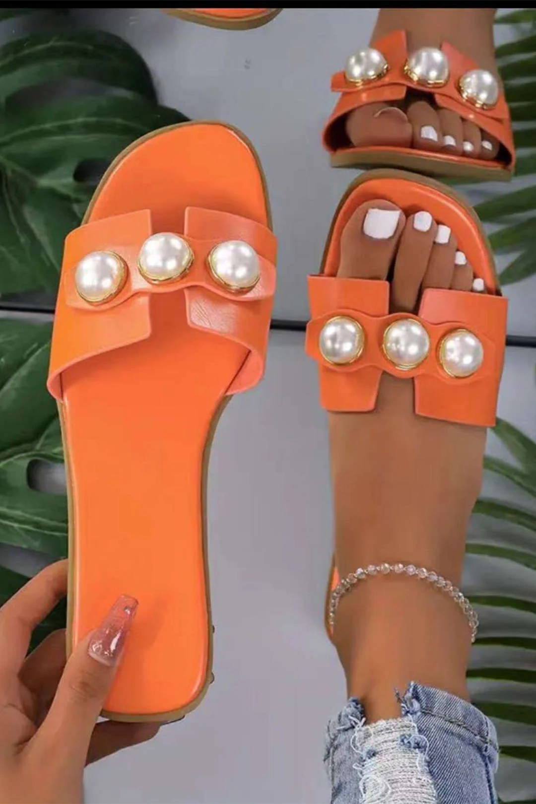 Ellie | Leichtgewicht Leder Designer Slides mit Riesig Perlenverzierung - Image 5