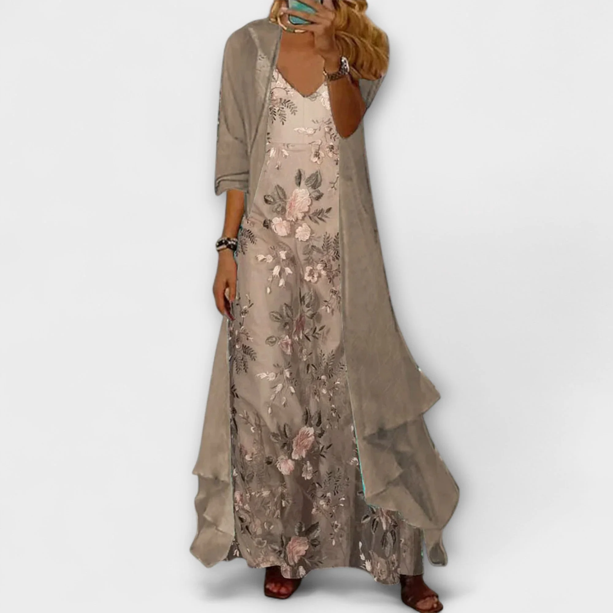 Eva | Damen Blumen V-Ausschnitt Geschichtetes Maxi Kleid - Image 2