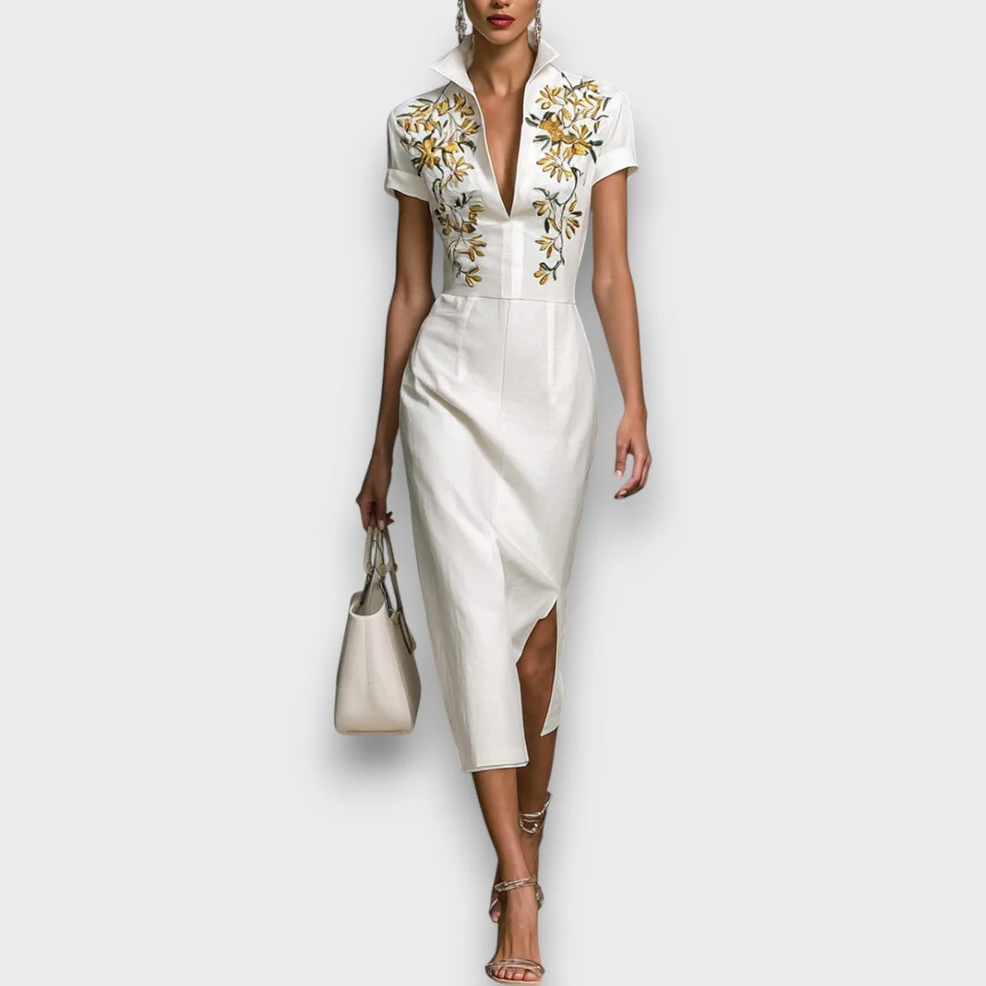 Evelora – Midi-Kleid mit Stickerei und V-Ausschnitt - Image 3
