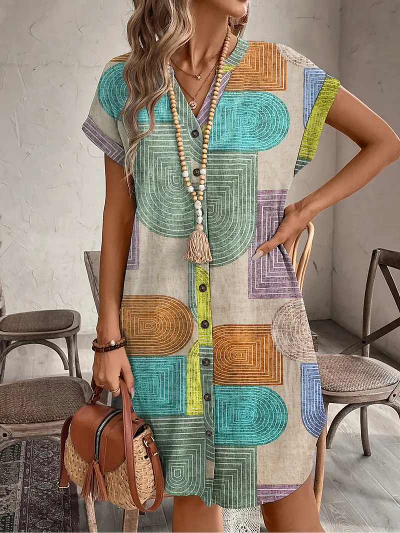 Evelyn | Women's Summer Geometric Print V-Neck Kleid mit Knöpfen - Image 2