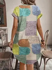 Evelyn | Women's Summer Geometric Print V-Neck Kleid mit Knöpfen - Image 3