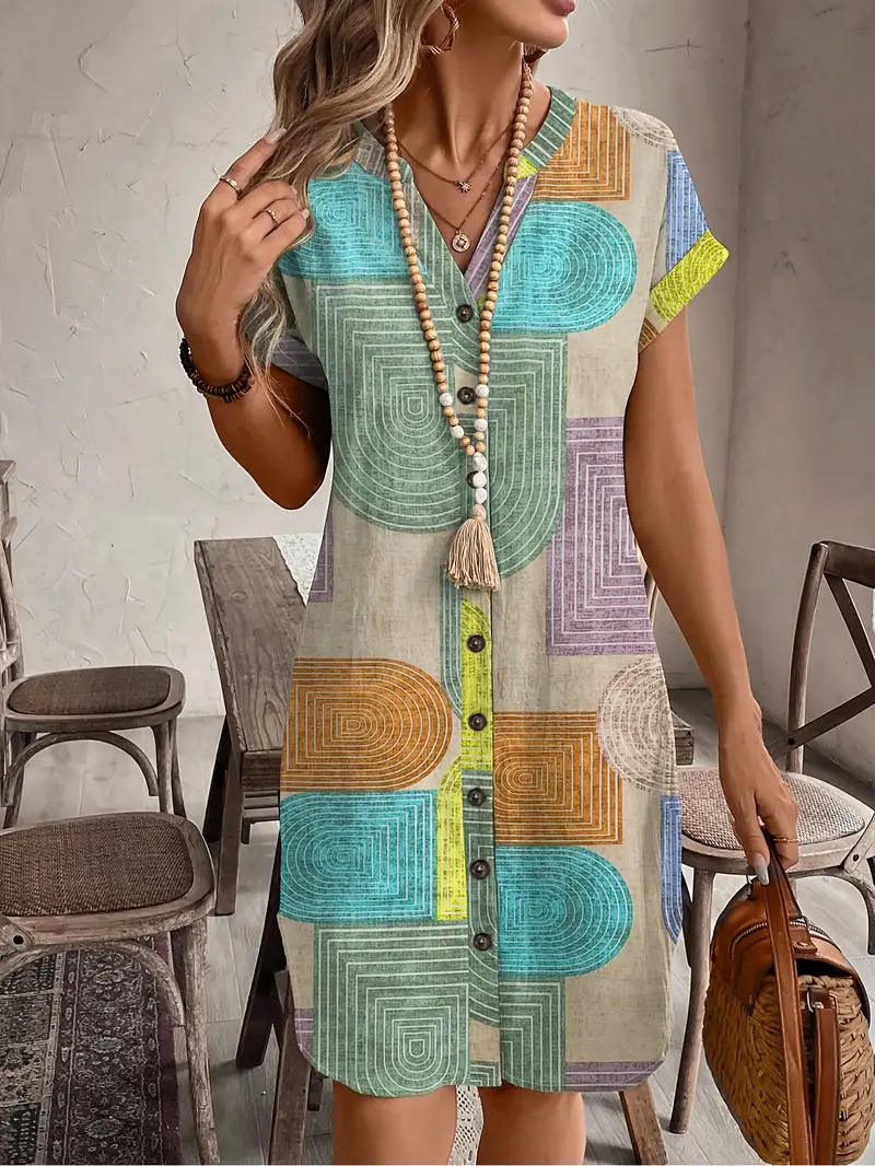 Evelyn | Women's Summer Geometric Print V-Neck Kleid mit Knöpfen - Image 4