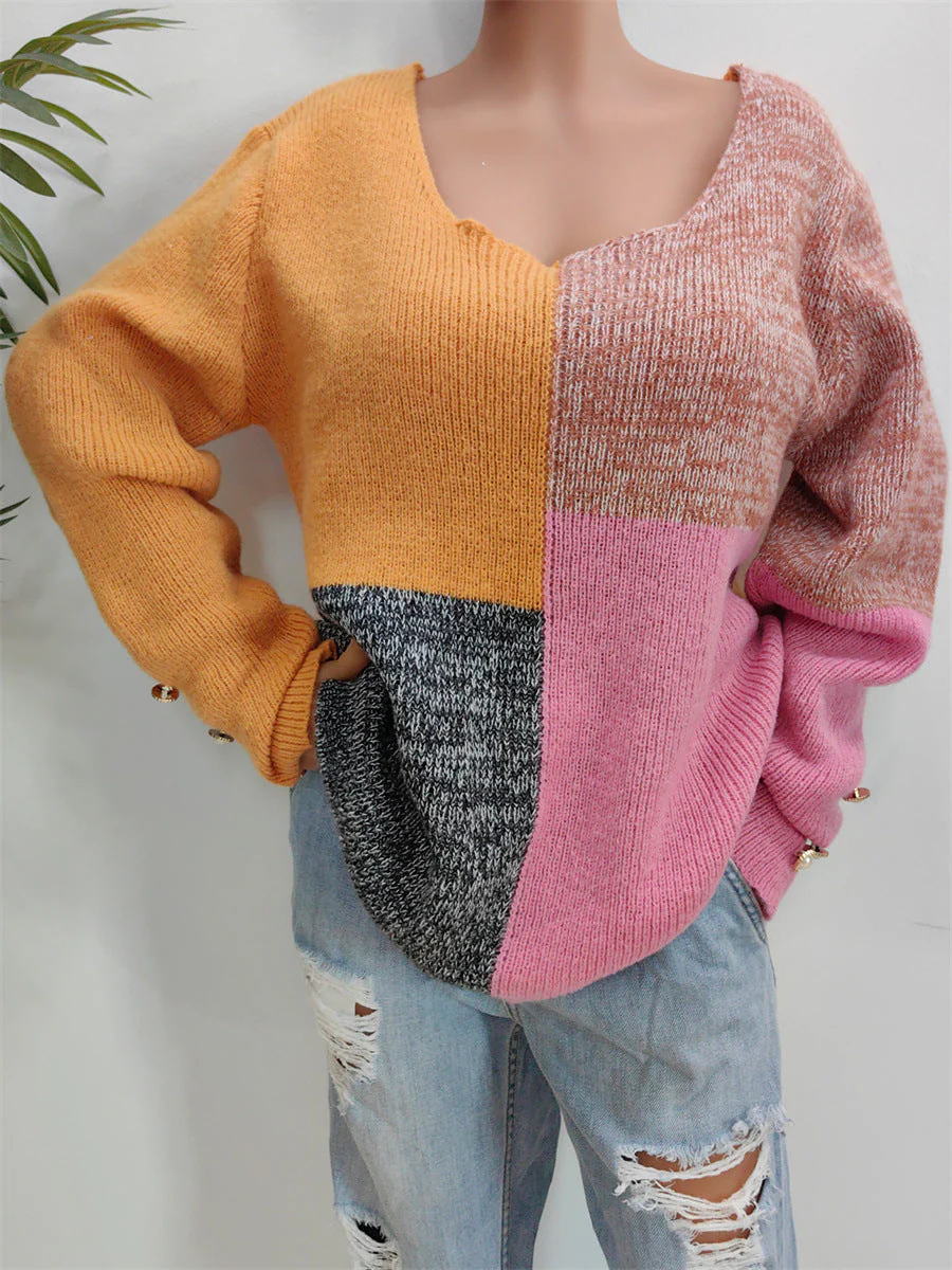 FARBLOCK DEKORATIVER KNOPF LANGARMPULLOVER | MODERNER STIL, KOMFORTABEL, VIELSEITIG - Image 3