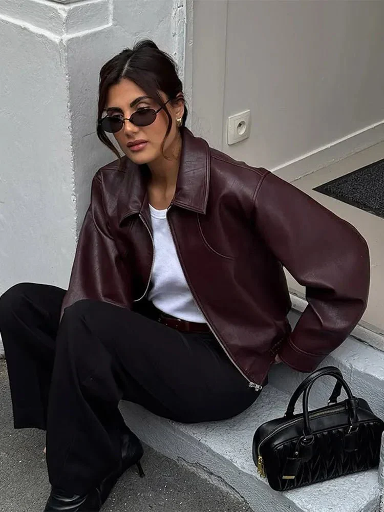 Fern | Kurze Vintage-Lederjacke für Damen in Burgunderrot - Image 6