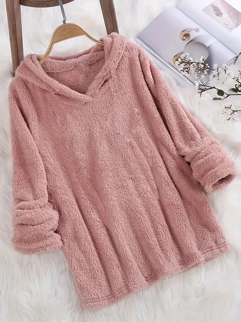 Fleece-Kapuzenpullover – Unifarbenes Damen Sweatshirt mit langen Ärmeln - Image 3