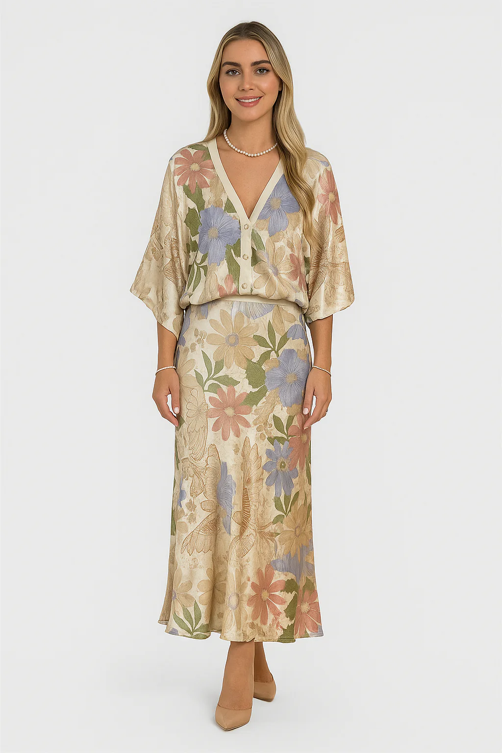 Fleuréline – Verfeinerte Mittellangkleid mit halber Knopfleiste, Knopfleiste und breiten Ärmeln im Blumenmuster - Image 2