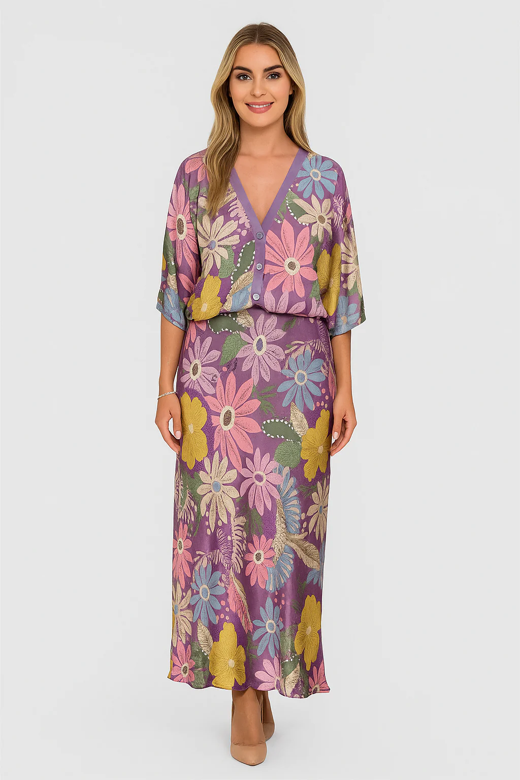 Fleuréline – Verfeinerte Mittellangkleid mit halber Knopfleiste, Knopfleiste und breiten Ärmeln im Blumenmuster - Image 3