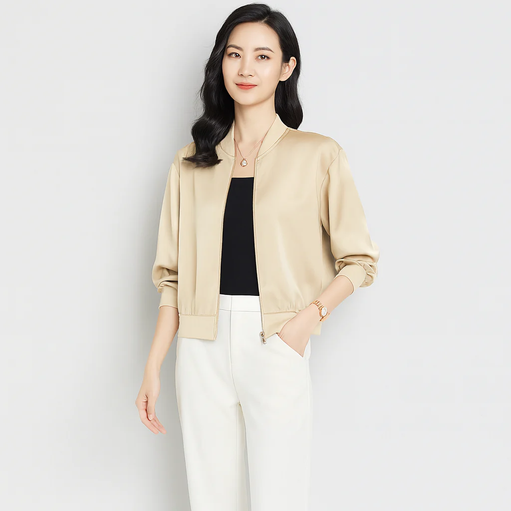 Fliegerblouson aus Satin für Damen – lockere Passform, Reißverschluss, Allwetterstil - Image 3