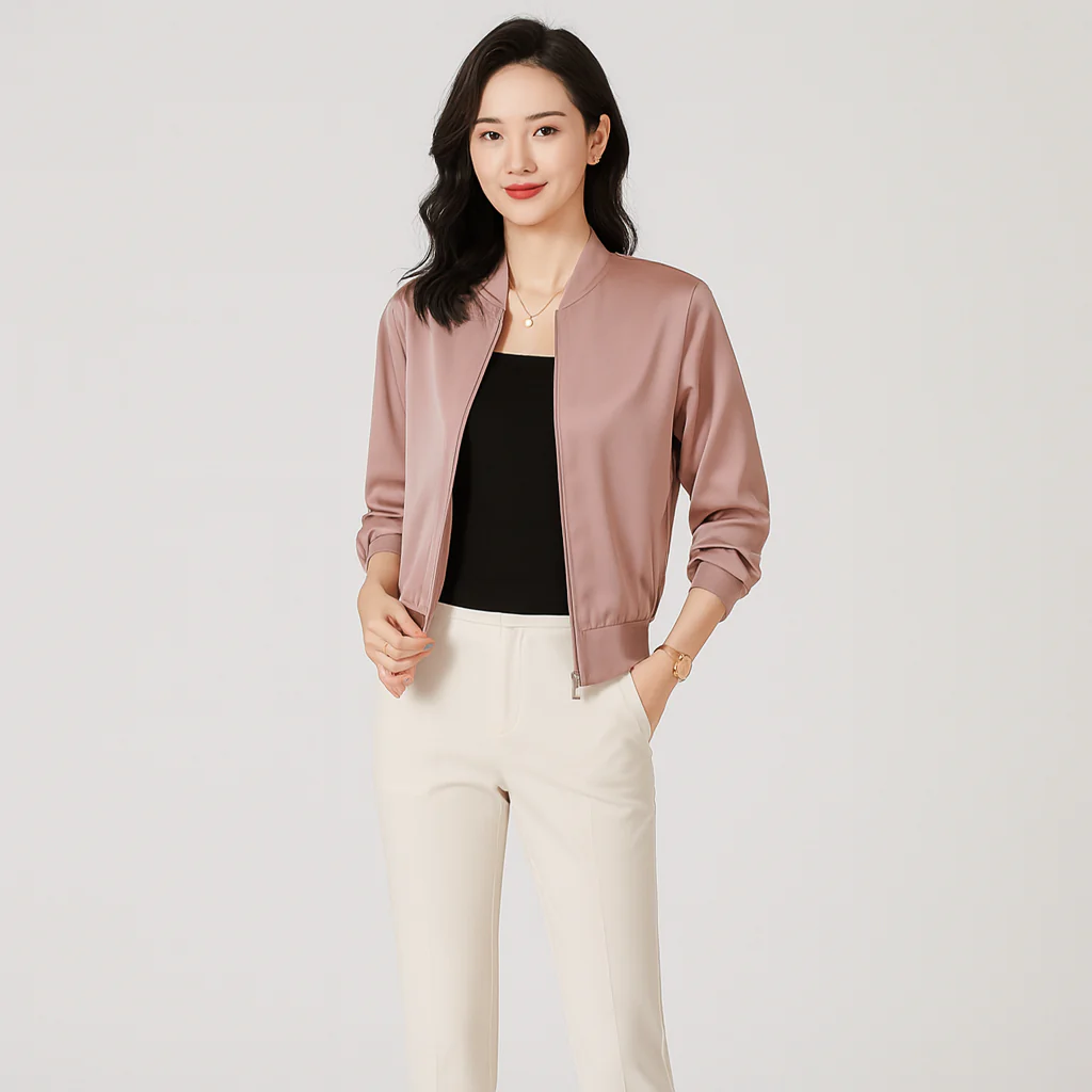Fliegerblouson aus Satin für Damen – lockere Passform, Reißverschluss, Allwetterstil - Image 4