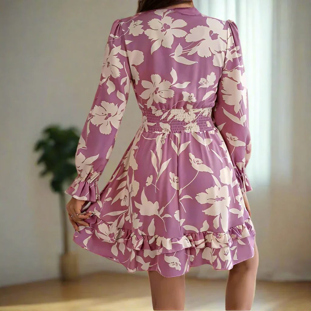 Florales Vintage Damen Minikleid mit Trompetenärmeln - Image 2