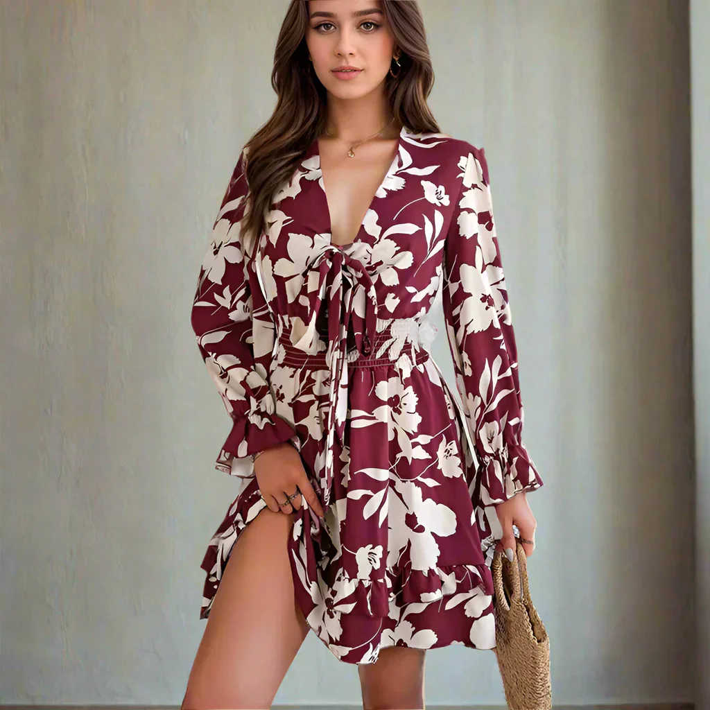 Florales Vintage Damen Minikleid mit Trompetenärmeln - Image 3