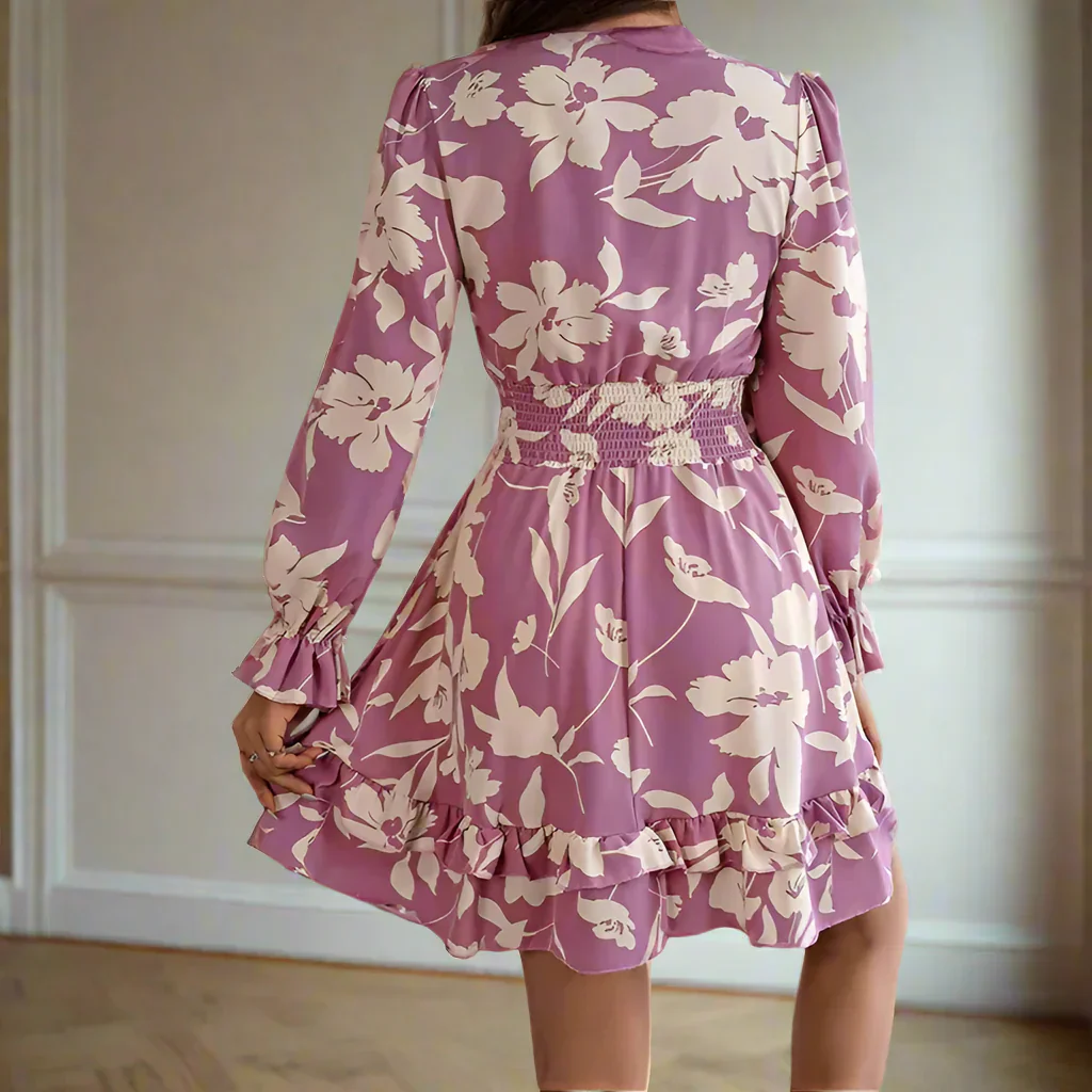 Florales Vintage Damen Minikleid mit Trompetenärmeln - Image 6