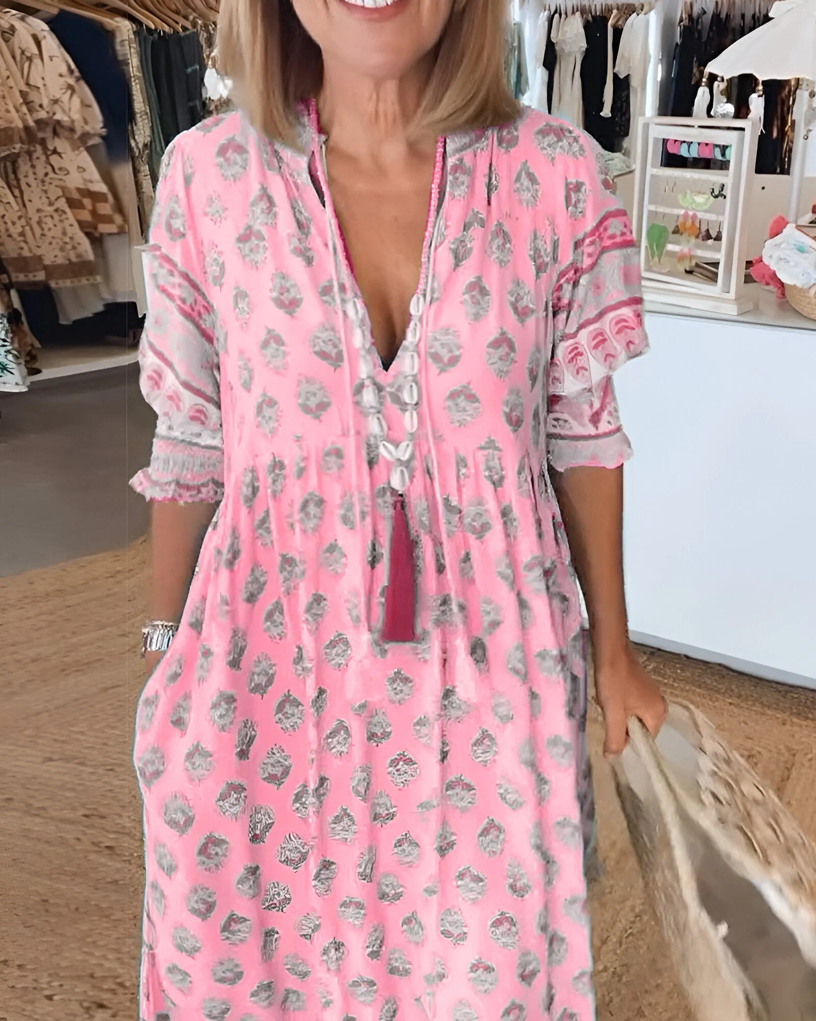 Florinda - Damen V Ausschnitt Kleid Im Boho-stil Mit Blumenmuster Maxi
