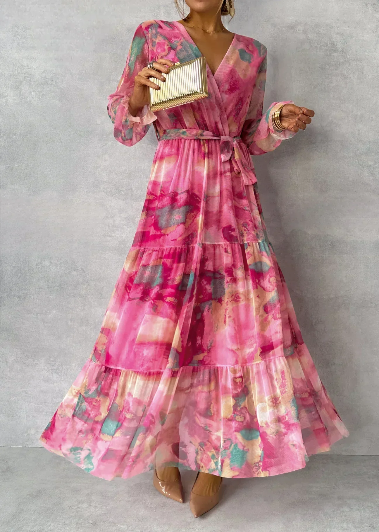 Friederike - Damen Wickelkleid Mit Blumenmuster Und Langen Ärmeln Maxi - Image 4