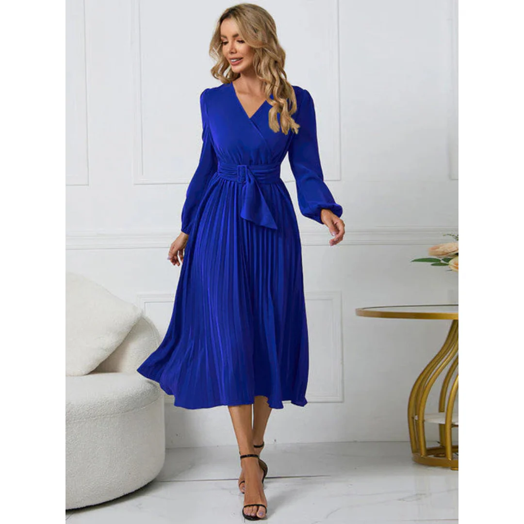 Fritzi - Damen Faltenrock Gürtel Taille V-Ausschnitt Kleid - Image 2