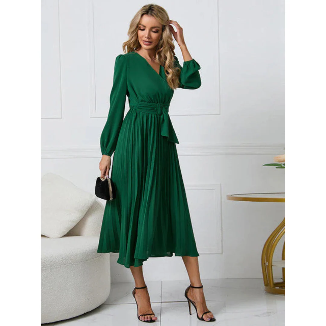 Fritzi - Damen Faltenrock Gürtel Taille V-Ausschnitt Kleid - Image 3