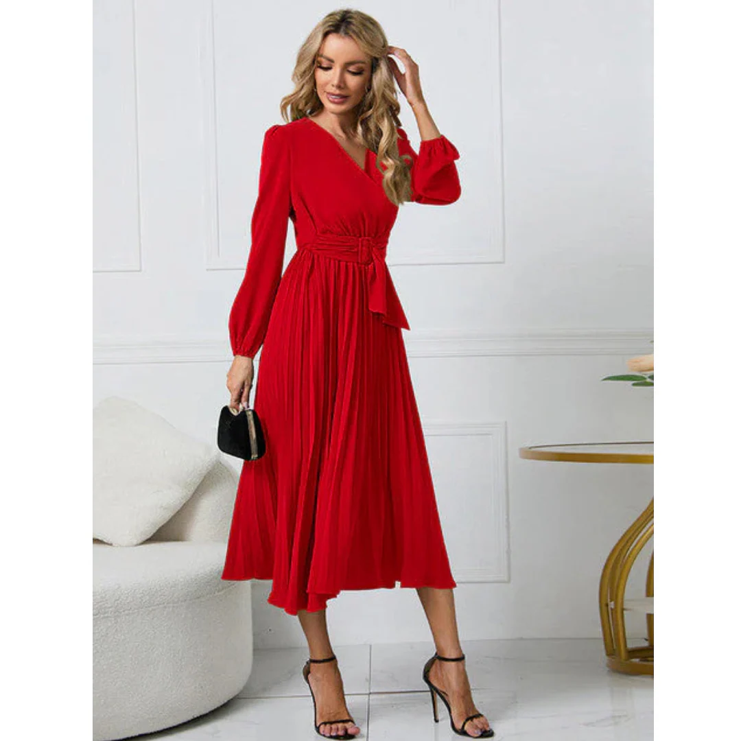Fritzi - Damen Faltenrock Gürtel Taille V-Ausschnitt Kleid - Image 4