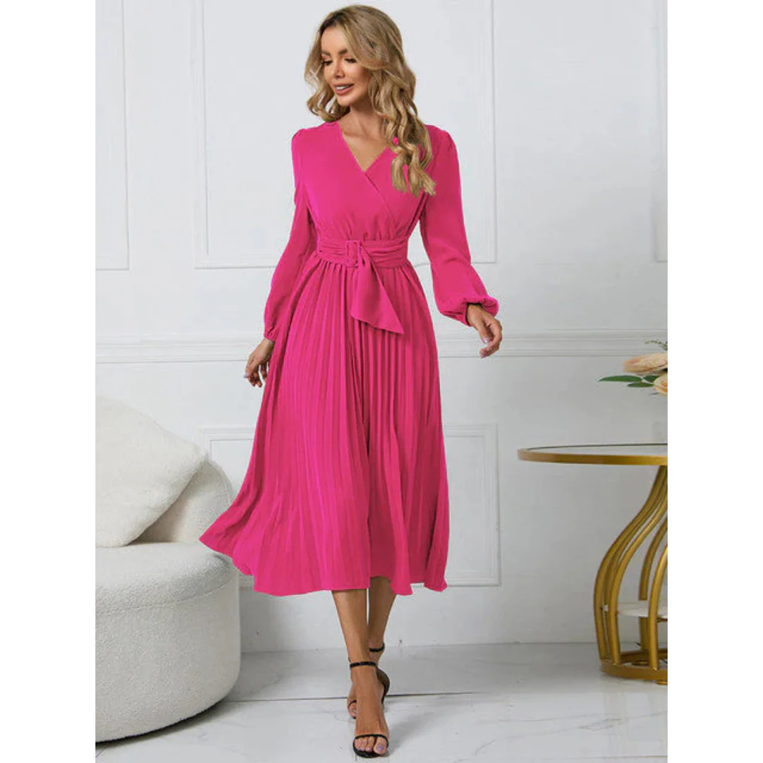 Fritzi - Damen Faltenrock Gürtel Taille V-Ausschnitt Kleid - Image 5