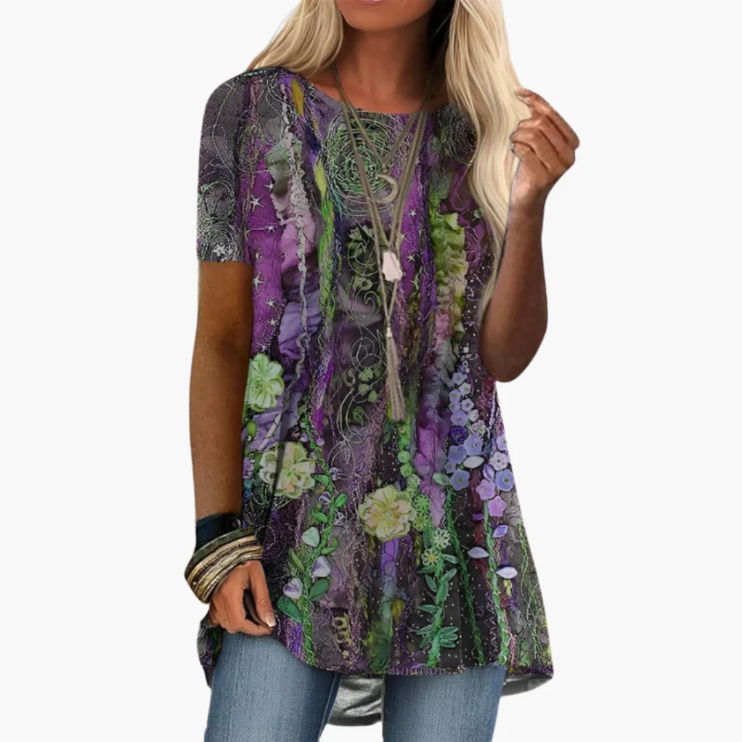 Geblümte Bluse für Damen - Kurzarm, Mehrfarbig, Elegant - Image 3