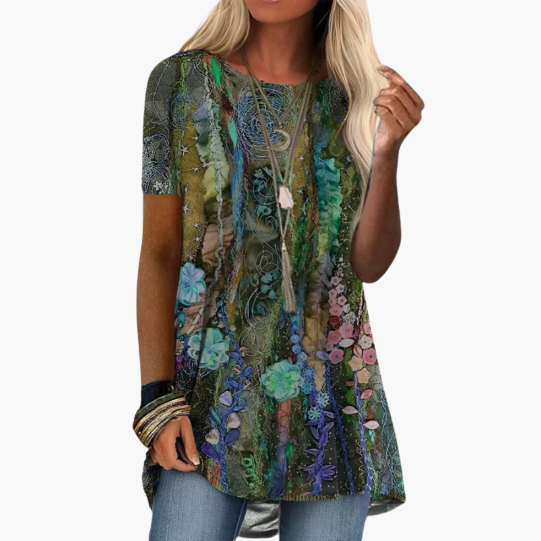 Geblümte Bluse für Damen - Kurzarm, Mehrfarbig, Elegant - Image 4