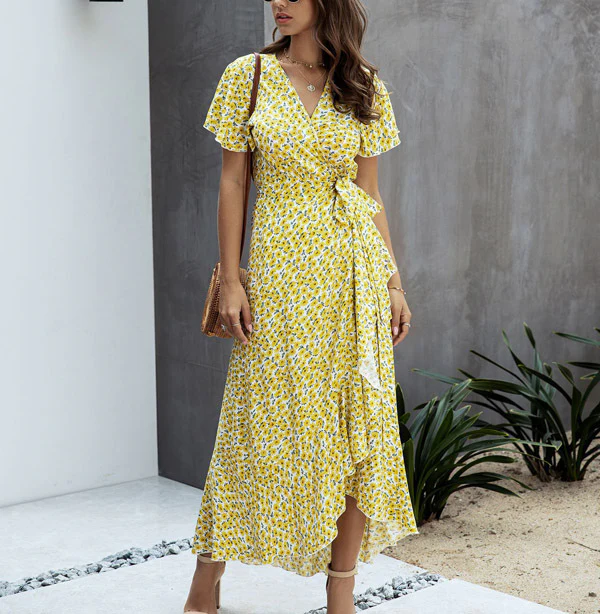 Geblümtes Wickelkleid mit V-Ausschnitt & Rüschen – Sommerlich & Elegant - Image 4