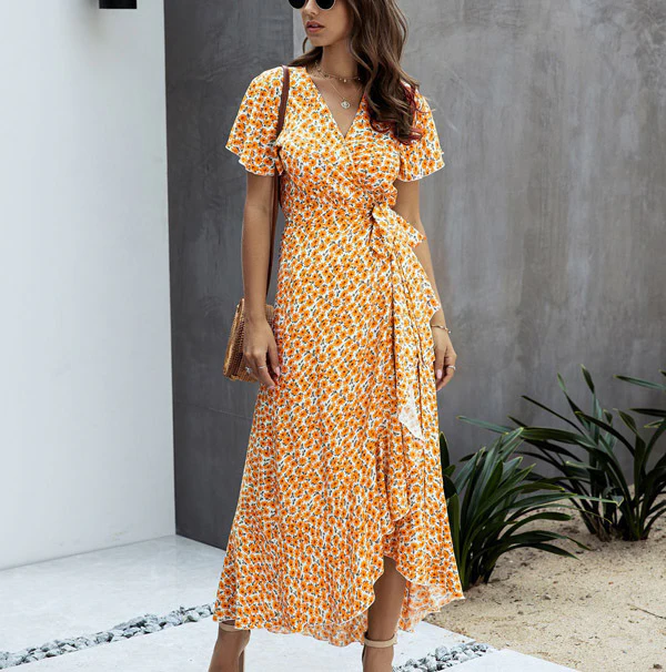 Geblümtes Wickelkleid mit V-Ausschnitt & Rüschen – Sommerlich & Elegant - Image 6