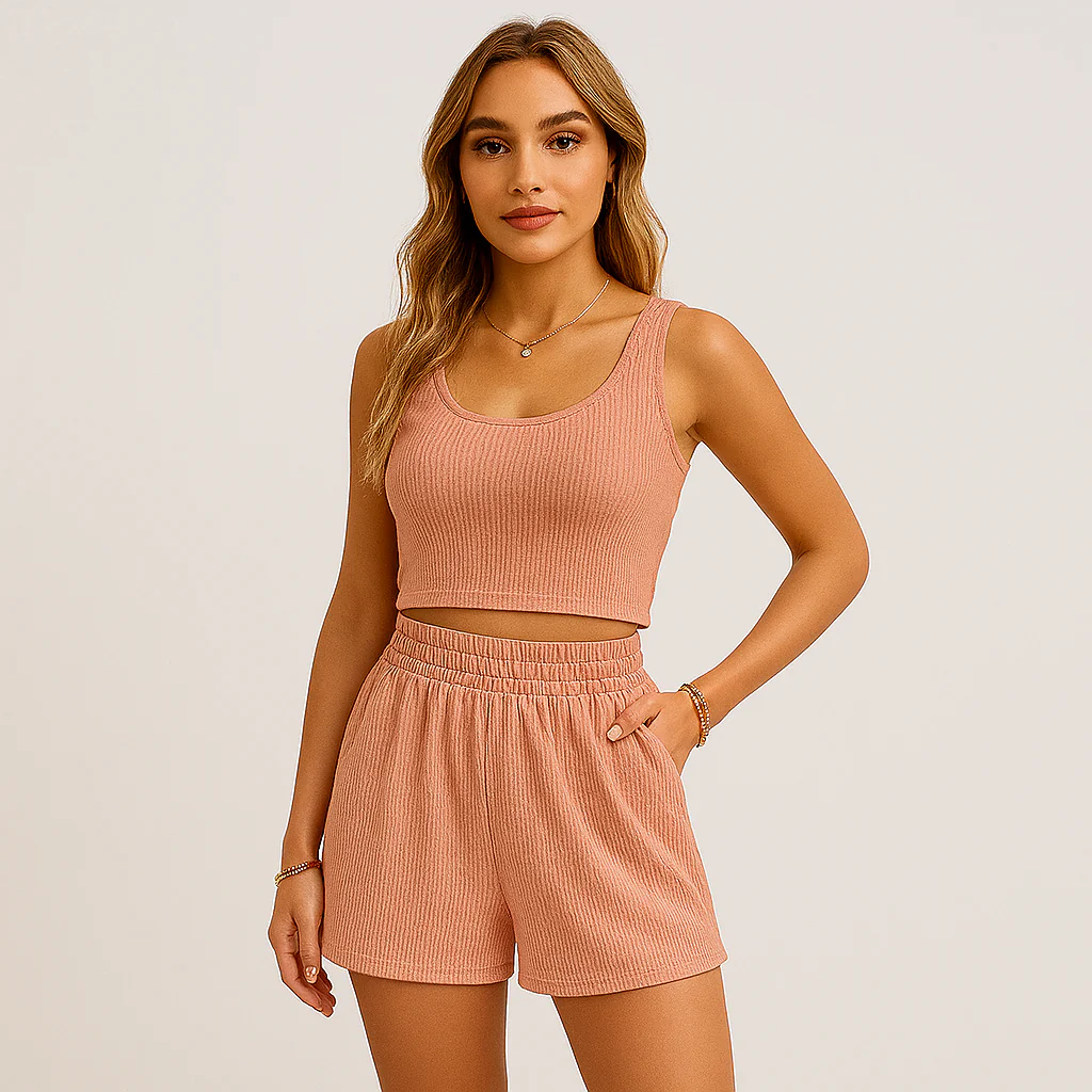 Geripptes Camisole- und Shorts-Set für Damen – Lässiges 2-teiliges Lounge-Outfit - Image 6