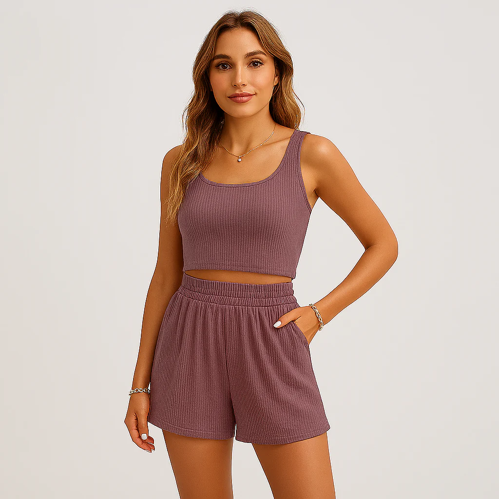 Geripptes Camisole- und Shorts-Set für Damen – Lässiges 2-teiliges Lounge-Outfit - Image 9