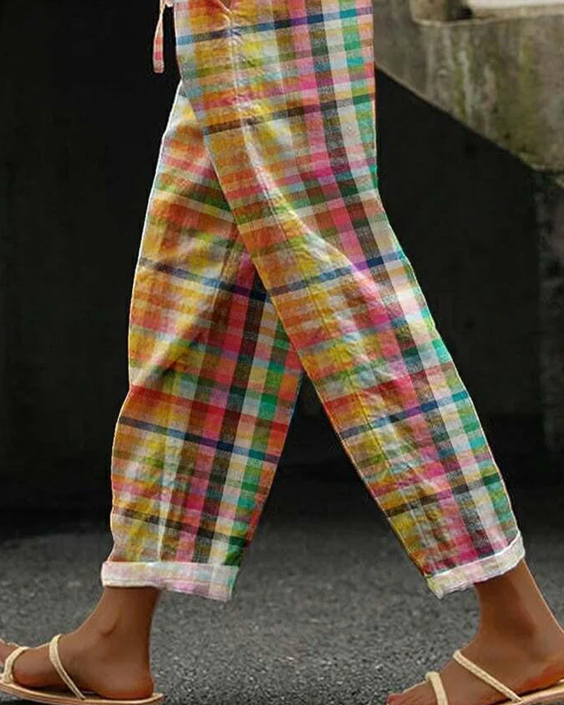 Gerlyn – Bunte karierte Leinenhose mit Kordelzug für Damen - Image 2