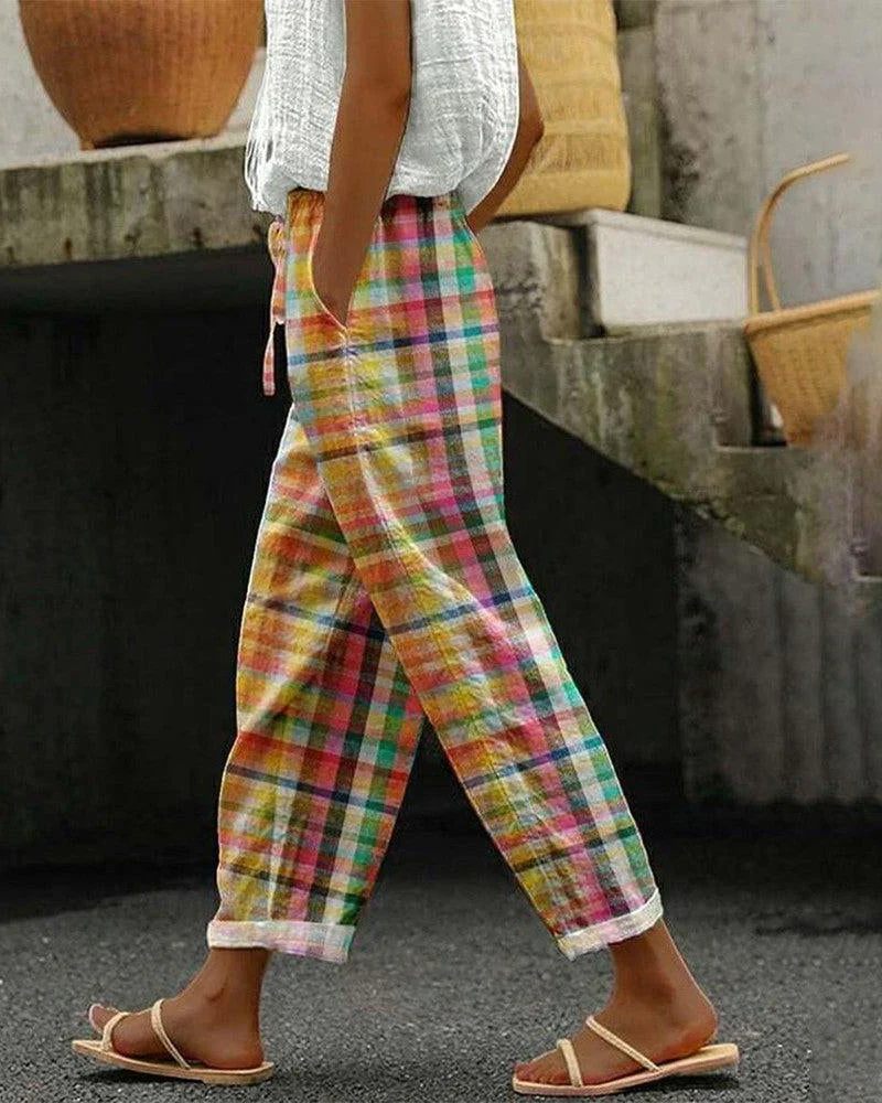 Gerlyn – Bunte karierte Leinenhose mit Kordelzug für Damen - Image 3