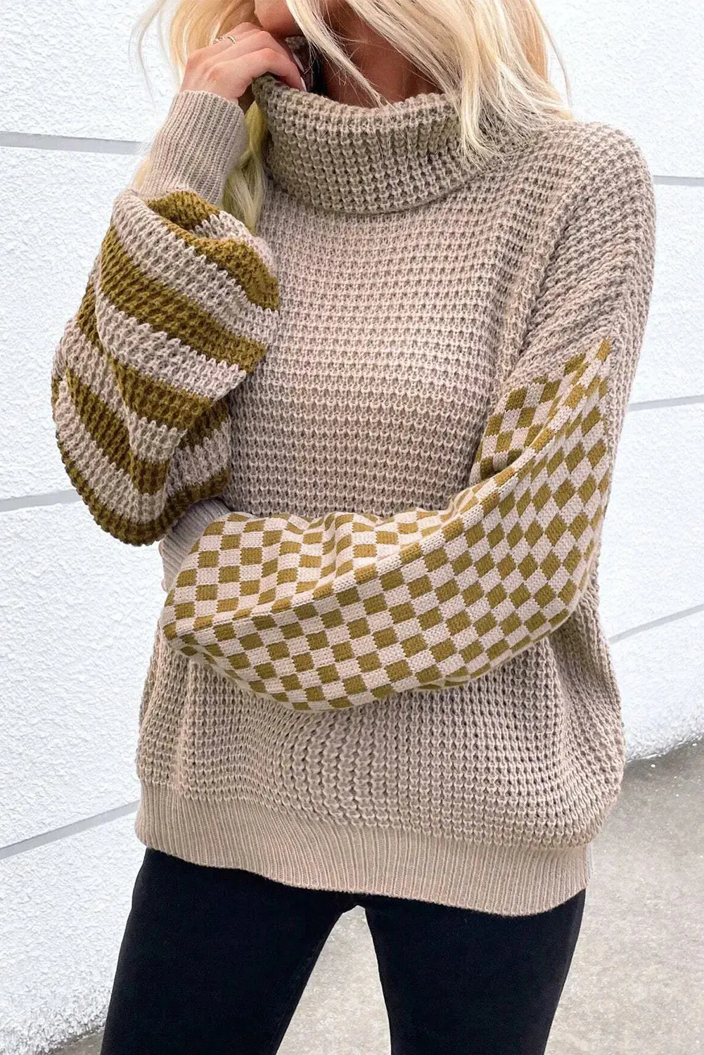 GESTREIFTER PLAID PATCHWORK WAFFELSTRICK ROLLRAGENPULLOVER | MODISCHER, BEQUEMER, VIELSEITIGER - Image 2