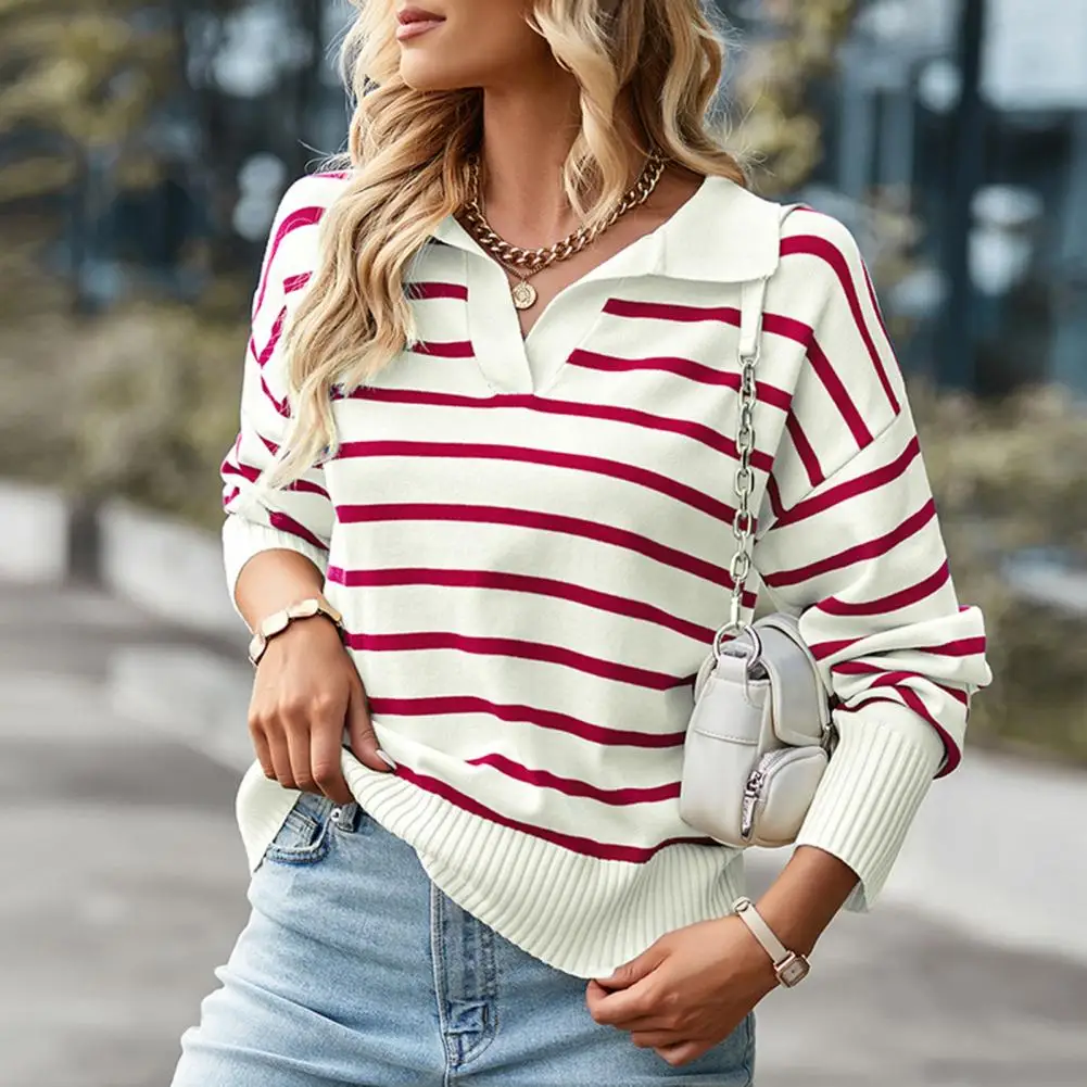 Gestreifter Pullover mit V-Ausschnitt für Damen - Image 3