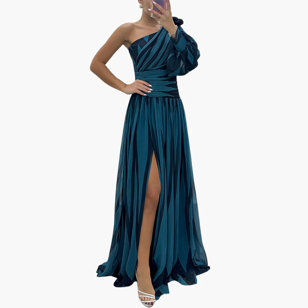 Gestreiftes One-Shoulder - Damen Maxikleid mit Schlitz elegant - Image 2