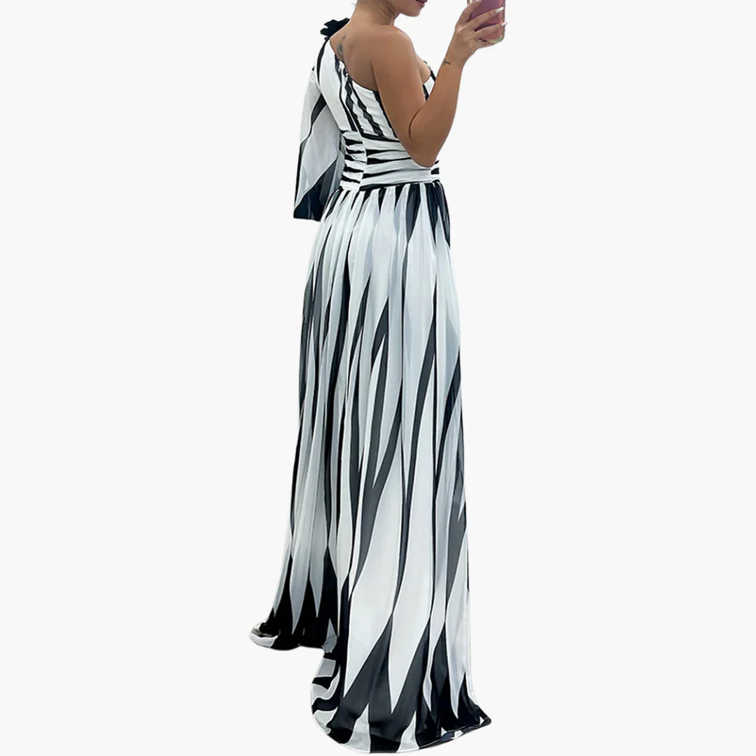 Gestreiftes One-Shoulder - Damen Maxikleid mit Schlitz elegant - Image 3