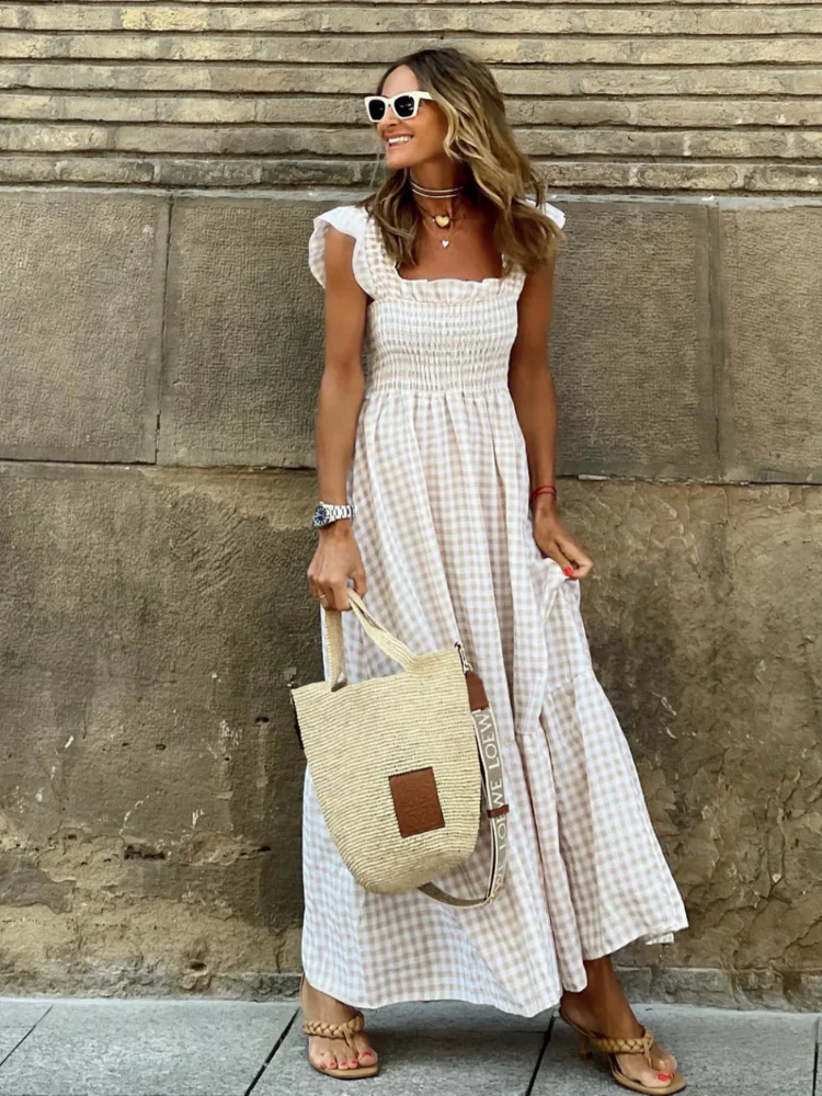 Gingham Sommerkleid mit Smokings für Damen | Maxi - Image 6
