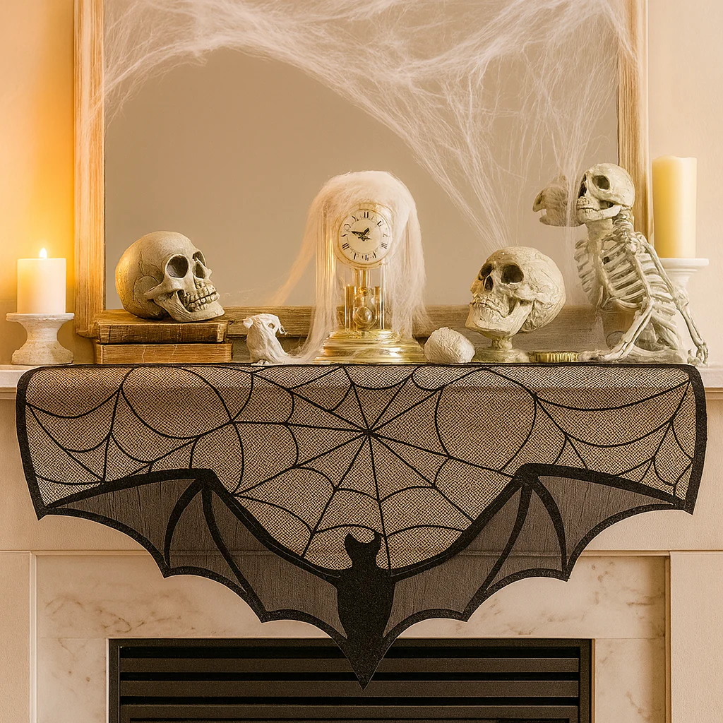GothicLace Halloween Spitzen-Deko – Schwarzer Überwurf mit Fledermaus & Spinnennetz - Image 2