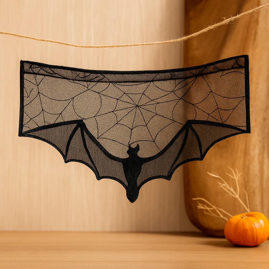 GothicLace Halloween Spitzen-Deko – Schwarzer Überwurf mit Fledermaus & Spinnennetz - Image 3