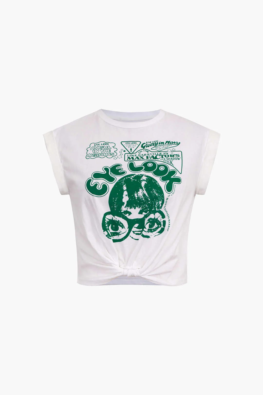 Gracelyn | Hochgekrempelte Ärmel EYE LOOK Grafikdruck Crop-T-Shirt mit Knotendetail - Image 7