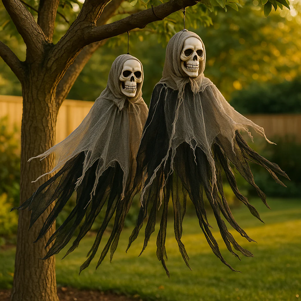 Gruseliger Totenkopf als Halloween-Hängedeko – Totenkopfkopf mit Stoff für gruselige Atmosphäre - Image 2