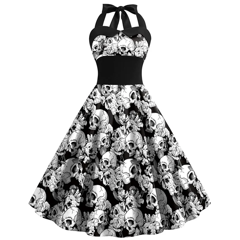 Halloween Kostüm Kleid mit Totenkopf Druck | Midi - Image 3