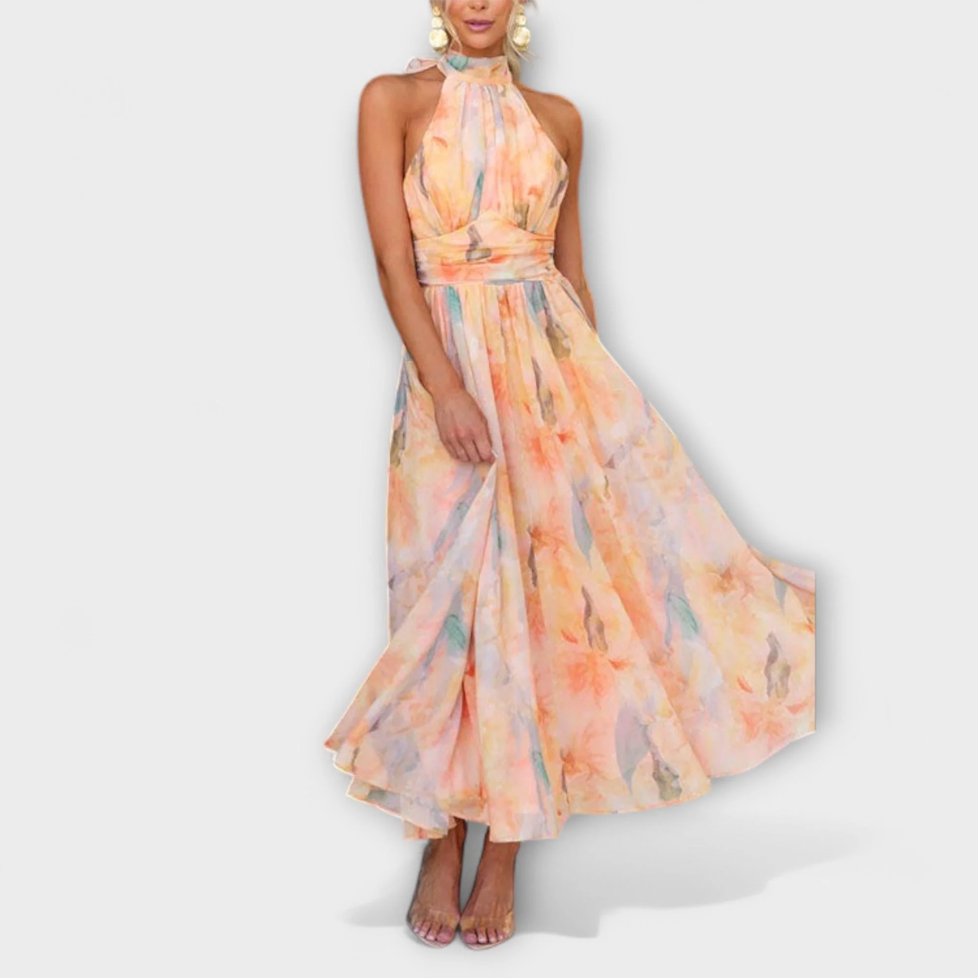 Halter Neck Aquarell Print Maxi Dress - Image 3