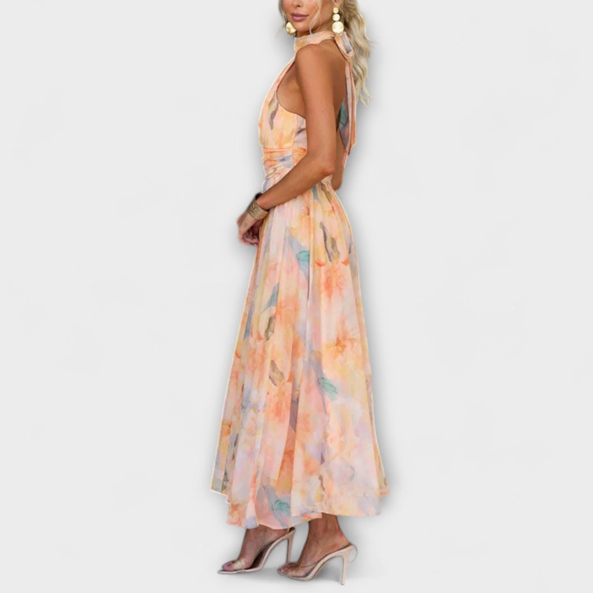 Halter Neck Aquarell Print Maxi Dress - Image 4