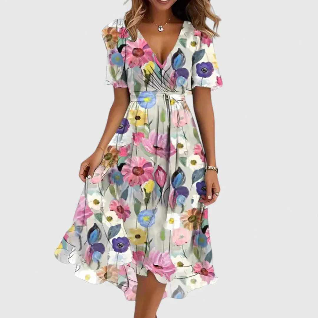 Helga | Damen Blumen V-Ausschnitt Midi Kleid - Image 2