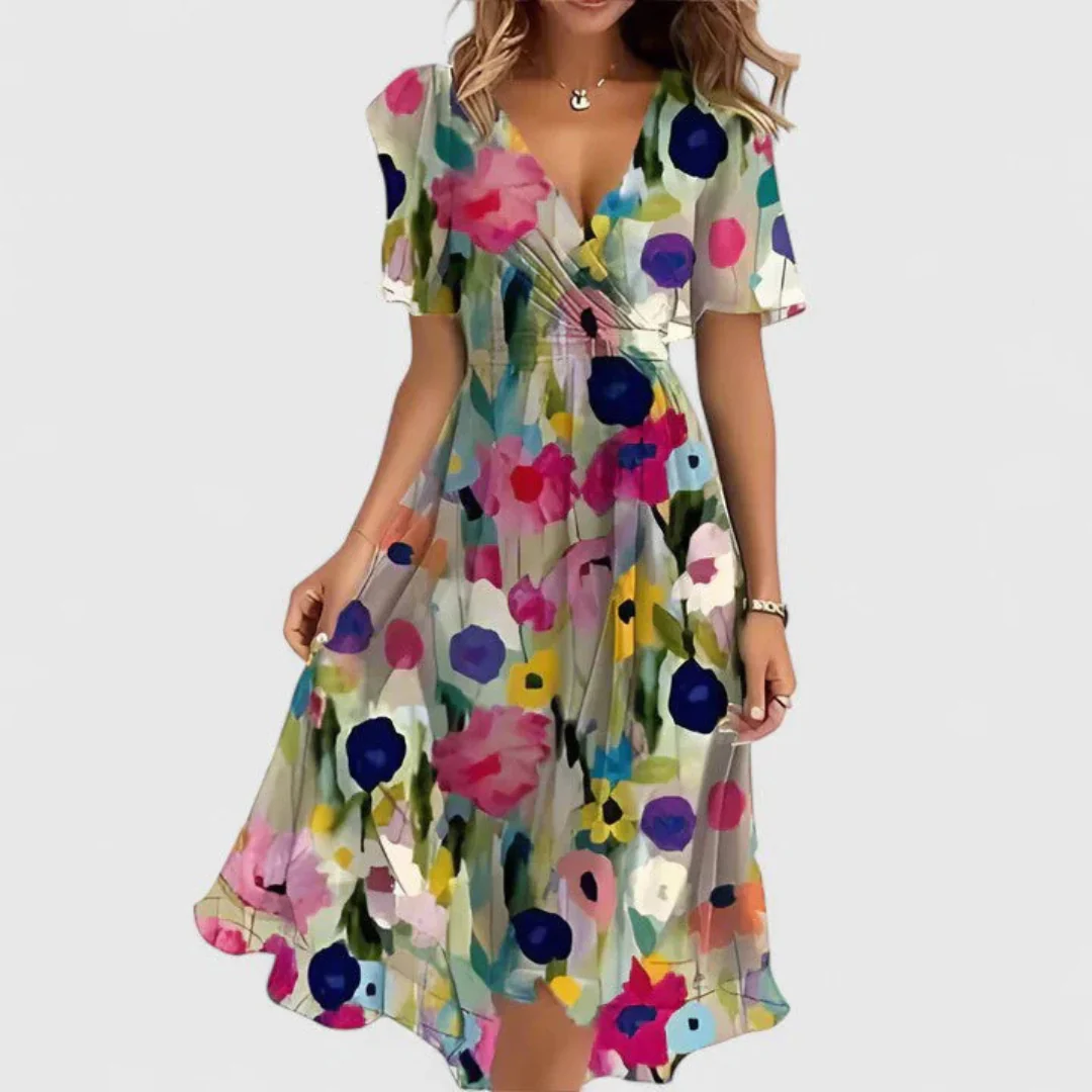 Helga | Damen Blumen V-Ausschnitt Midi Kleid - Image 8