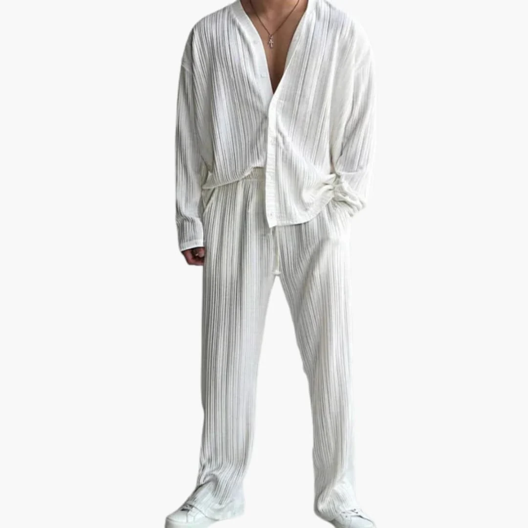 Herren Faltenstruktur Set mit Langarmhemd und Hose - Image 5